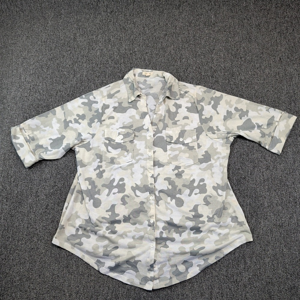 Paper + Tee Gorpcore Camo Button Down Shirt 2X Gray White Utility Cargo Pocket